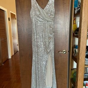 Aarhar Silver Sequin Dress with Slit